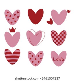 A set of vector red hearts with various elements on a white background.