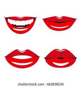 Set Of Vector Red Lips. Various Types Of Woman Lips. Broad Smile With Teeth, Slight Smile And Kissing Lips.