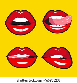 Set of vector red lips. Various types of woman lips. Seductive smiles, tongue touches the upper teeth. She bites her lips.