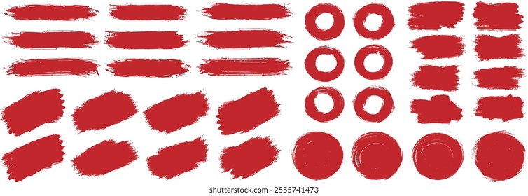 Set of vector red paintbrush stroke, ink splatter and artistic design elements. Dirty watercolor texture, grunge background, splash or creative shape for social media. Red grunge textured paint brush
