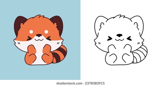 Set Vector Red Panda Multicolored and Black and White. Kawaii Clip Art Baby Animal. Cute Vector Illustration of a Kawaii Animal for Stickers, Baby Shower, Coloring Pages. 