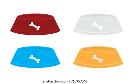Set of Vector red pets bowls for dry food and water isolated with solid and flat color design.