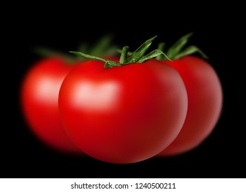 set of vector red ripe tomatoes lies on a black background