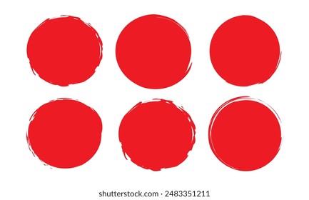 set of vector red round brush painted ink stamp circle banner on transparent background