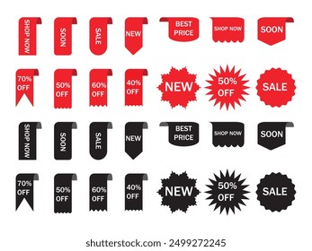 Set of vector red sale starburst. Simple flat style vintage labels, stickers with sale discount text. Offer tags symbol collection.