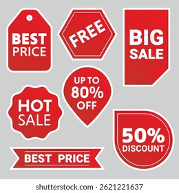 Set of vector red starburst, sticker sale quality tags and labels, template banner shopping badges, simple flat style labels, stickers with sale discount
