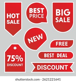 Set of vector red starburst, sticker sale quality tags and labels, template banner shopping badges, simple flat style labels, stickers with sale discount