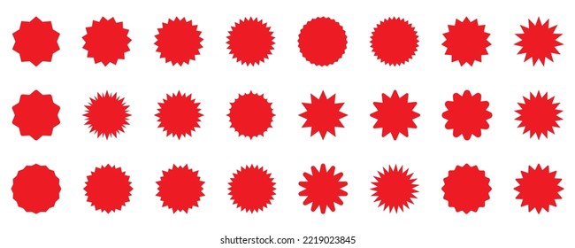 Set of vector red starburst, sunburst badges. Simple flat style vintage labels, stickers.