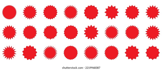 Satz von vektorrotem Starburst, Sonnenschutzplakate. Einfache, flache Vintage-Etiketten, Aufkleber.