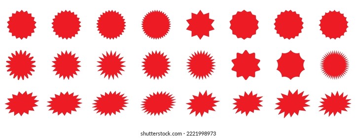 Set of vector red starburst, sunburst badges. Shopping labels collection. Special offer price tag. Sale or discount sticker. Supermarket promotional badge. Simple flat style vintage labels, stickers.