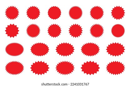 Set of vector red starburst, sunburst badges. Shopping labels collection. Special offer price tag. Sale or discount sticker. Supermarket promotional badge. Simple flat style vintage labels, stickers.