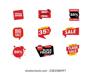 Set of vector red starburst, sunburst badges. Simple flat style vintage labels, stickers with sale discount text. Sale quality tags and labels. Template banner shopping badges