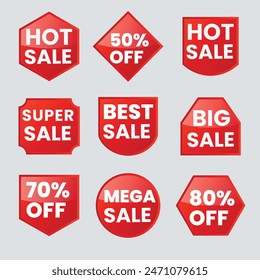 Set of vector red starburst, sunburst badges. Simple flat style vintage labels, stickers with sale discount text. Sale quality tags and labels. Template banner shopping badges.