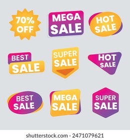 Set of vector red starburst, sunburst badges. Simple flat style vintage labels, stickers with sale discount text. Sale quality tags and labels. Template banner shopping badges.