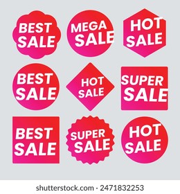 Set of vector red starburst, sunburst badges. Simple flat style vintage labels, stickers with sale discount text. Sale quality tags and labels. Template banner shopping badges.