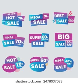 Set of vector red starburst, sunburst badges. Simple flat style vintage labels, stickers with sale discount text. Sale quality tags and labels. Template banner shopping badges.