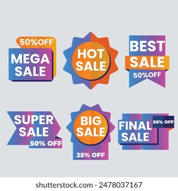 Set of vector red starburst, sunburst badges. Simple flat style vintage labels, stickers with sale discount text. Sale quality tags and labels. Template banner shopping badges.