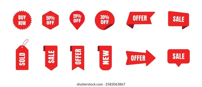 Set of vector red starburst and sunburst badges, vintage sale discount labels and stickers ribbon, template shopping tags and banner design,