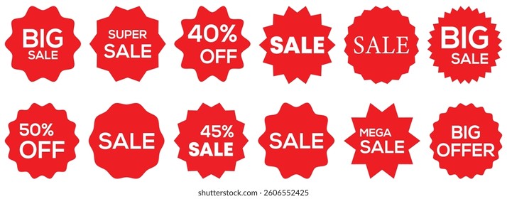 Set of vector red starburst, sunburst badges, Simple flat style vintage labels, stickers with sale discount text, icon set.