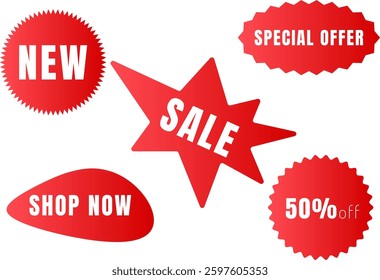 Set of vector red  stickers, badges for business. Simple flat style labels with sale, discount text. Special offer tags and labels. Template banner shopping badges, starburst, sunburst.