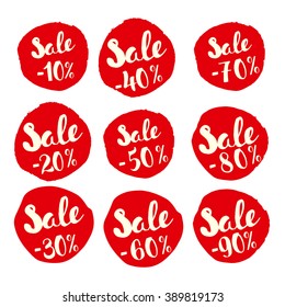 Set of vector red stickers with sale. For promo, commercial and special offers design. Calligraphy text. Hand drawn ink.