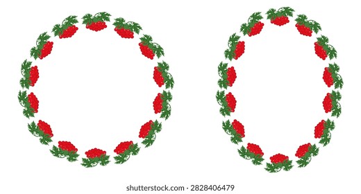 Set of vector red viburnum Empty Frame isolated white background. Perfect vector viburnum oval and circle Frame collection with copy space. Ideal botany folk social media Fraem and photo decor. EPS 10