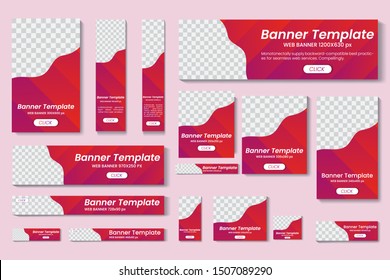 set of vector red web banners of standard sizes for sale with a place for photos. Vertical and horizontal templates 