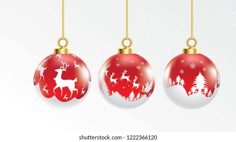 Set of vector red and white christmas balls with ornaments. glossy collection isolated realistic decorations. Vector illustration on white background.