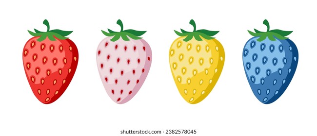 Set of vector red, yellow, white and blue strawberries. For background designs, labels