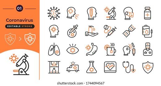 Conjunto de iconos de línea relacionados con el vector, seguridad del coronavirus. Contienen síntomas, virus, prevención, desinfección. Stroke editable. Iconos de conjunto simple de COVID-19
