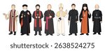 Set vector religion people. Various cartoon character christian priest, patriarchs, pastor, clergyman. Bundle illustrations who believe in Christ. Design for faith, belief, confession and churchman.