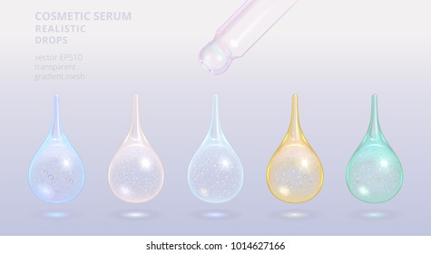 Set of vector repair serum drops. 3d realistic beads of cosmetic acid liquid for skin care, whitening effect, active hydration. Transparent gel bulbs with a vitamin, oil, gold, silver, aloe particles.