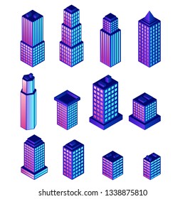 Set of vector residential town buildings for isometric innovation flat design. Smart buildings or intelligent buildings elements for isometric concept. In violet and dark blue colors