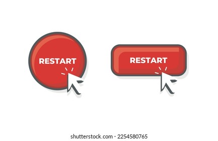 A set of vector restart buttons in round and rectangular shape, filled in red color, with cursor in flat design isolated on white background. Ideal for social media, web or vlog content updates.