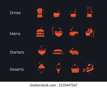 Set of Vector Restaurant Menu Icons. Main dishes, Starters, Deserts and Drinks.   