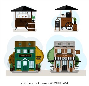 A set of vector restaurants, food carts and cafes. Irish pub exterior, coffee house. Flat design of facade. Beer house building concept.Illustration of a city street. St. Patrick s Day