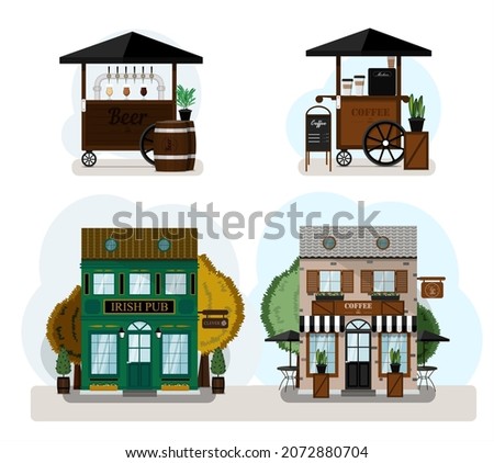 A set of vector restaurants, food carts and cafes. Irish pub exterior, coffee house. Flat design of facade. Beer house building concept.Illustration of a city street. St. Patrick s Day