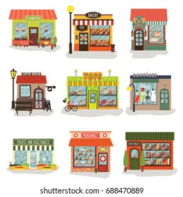 Set of vector restaurants and shops facade. Flower, sweets, book, toy shops, bakery, coffee, boutique, fruits and vegetable store, pharmacy. Vector banner. Store front.