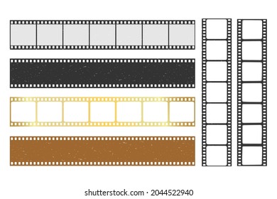 Set of vector retro 35mm foto and movie film strips. Realistic old celluloid frames of cinema film strip. Collection of blank cinema film strip frames with transparency and color effect for design.