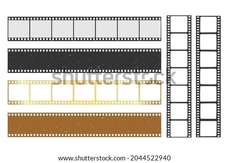 Set of vector retro 35mm foto and movie film strips. Realistic old celluloid frames of cinema film strip. Collection of blank cinema film strip frames with transparency and color effect for design.
