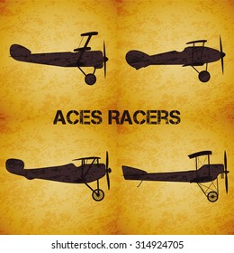 Set of vector retro airplane WW1 on dark yellow grunge highlight background 