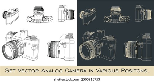 set vector retro analog camera doodle icon with various positions