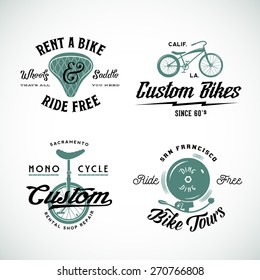 Set of Vector Retro Bicycle Custom and Rental Labels or Logo Templates Isolated