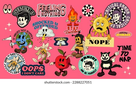 A set of vector retro cartoon stickers and playful characters including a flower, bee and cat with uninspiring messages.