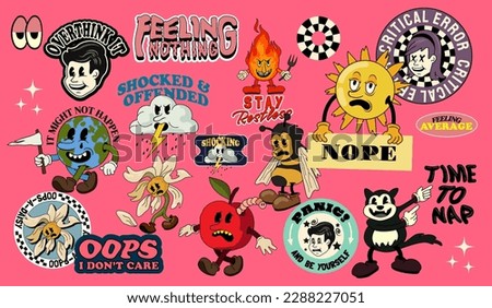 A set of vector retro cartoon stickers and playful characters including a flower, bee and cat with uninspiring messages.