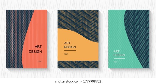 Conjunto de cubiertas abstractas de color retro vectorial con rayas geométricas y formas onduladas. Se puede usar para sus diseños de tarjetas de visita, invitaciones, tarjetas de regalo, volantes, folletos, banners con un lugar para el texto.