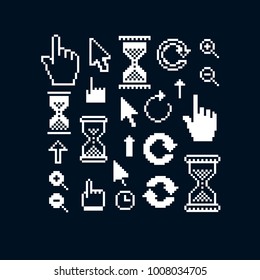 Set of vector retro cursor signs made in pixel art style. Simplistic arrows pointing at different directions. Geometric pixilated symbols like pointers and hourglasses.