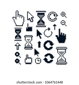 Set of vector retro cursor signs made in pixel art style. Simplistic arrows pointing at different directions. Geometric pixilated symbols like pointers and hourglasses.