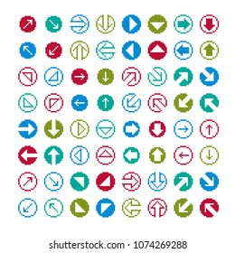 Set of vector retro cursor signs made in pixel art style. Simplistic arrows pointing at different directions, geometric pixilated symbols.