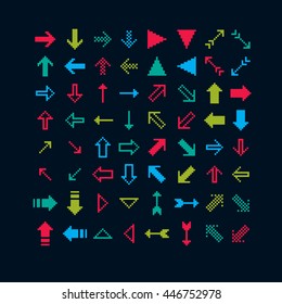 Set of vector retro cursor signs made in pixel art style. Simplistic arrows pointing at different directions, geometric pixilated symbols.